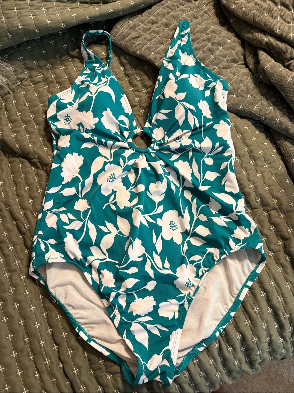 Time and Tru Teal and White Floral One-Piece Swimsuit with Twist Front Size L